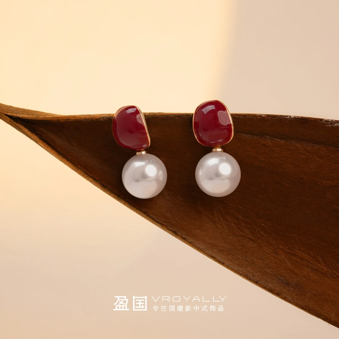 铜合金玻璃耳饰 红色新中式拼色女时尚耳饰气质珠珠法式耳钉