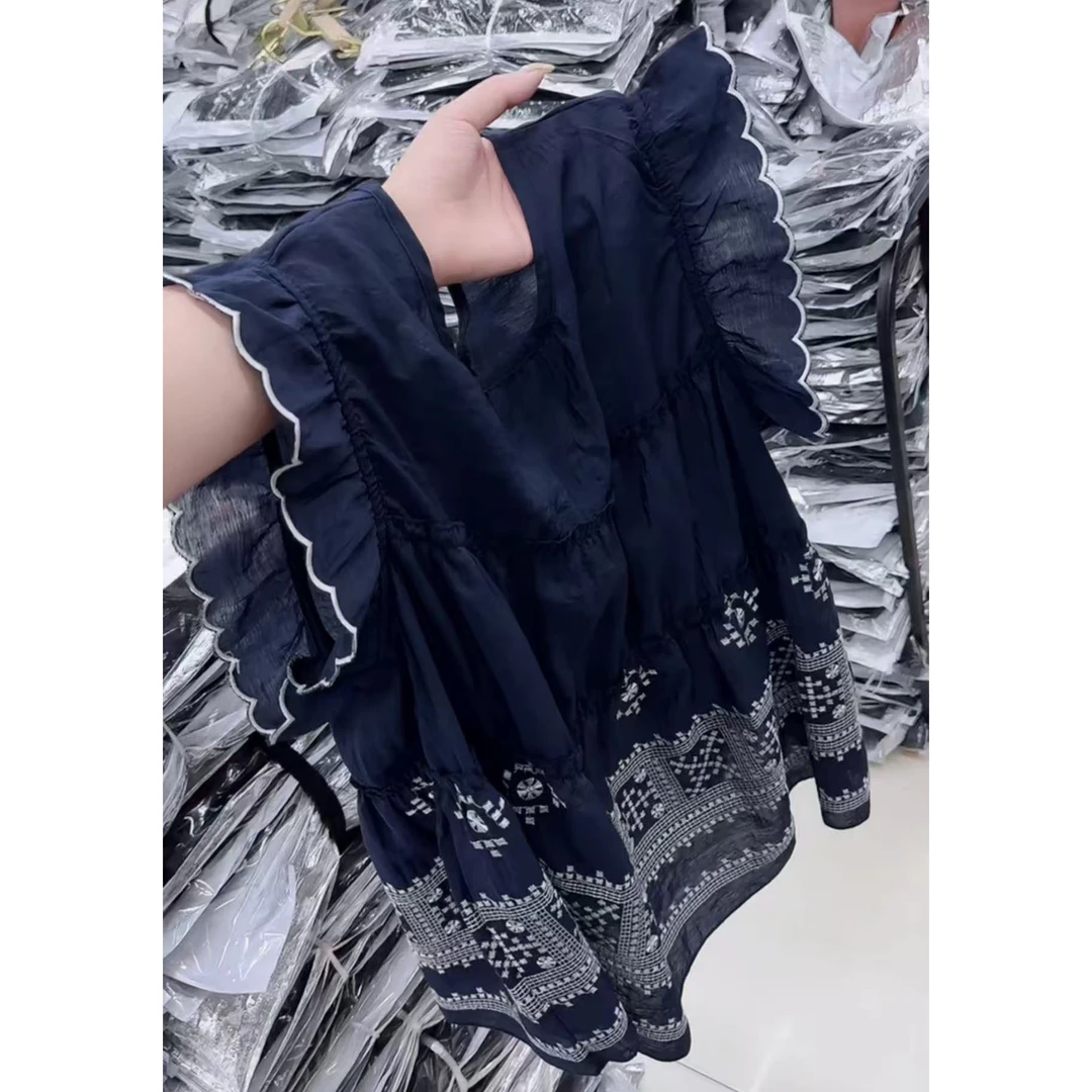 今年流行穿搭2025夏季新款温柔风荷叶边薄款衬衫印花百褶无袖上衣