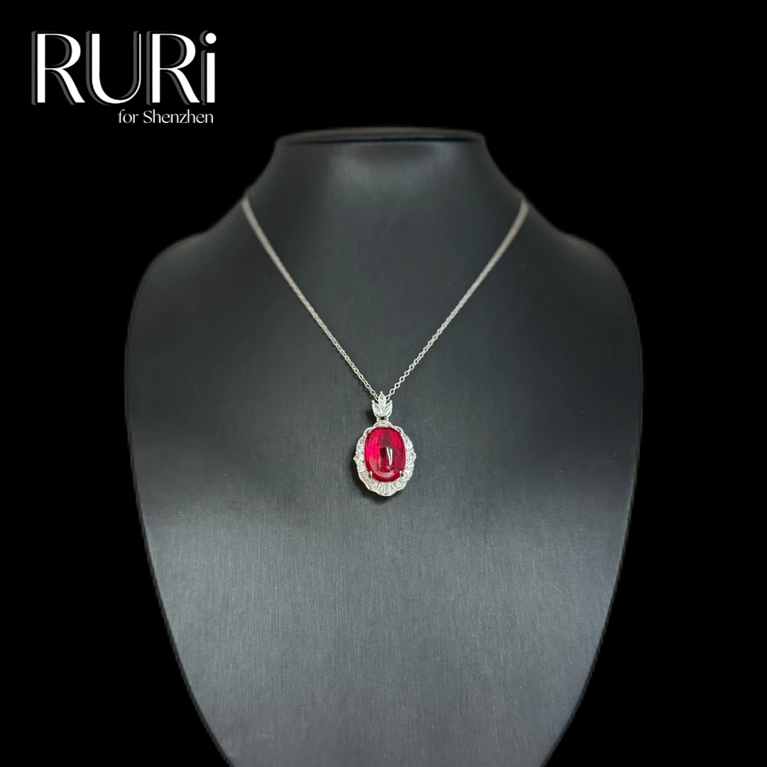 坠链均925银合成锆石 RURI 简约时尚百搭蛋面镶嵌红石项链 A0139