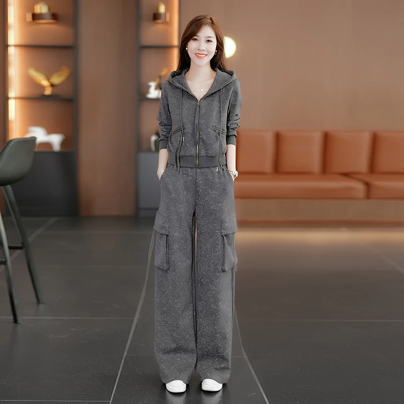 拉夏贝尔宽松卫衣外套工装阔腿裤两件套春秋新款运动服时尚套装