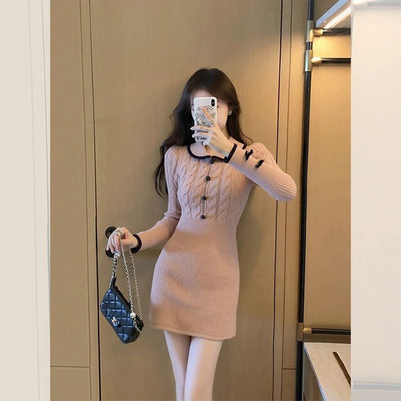 漂亮出片衣服内搭包臀短裙女装秋冬季高贵气质粉色紧身针织连衣裙