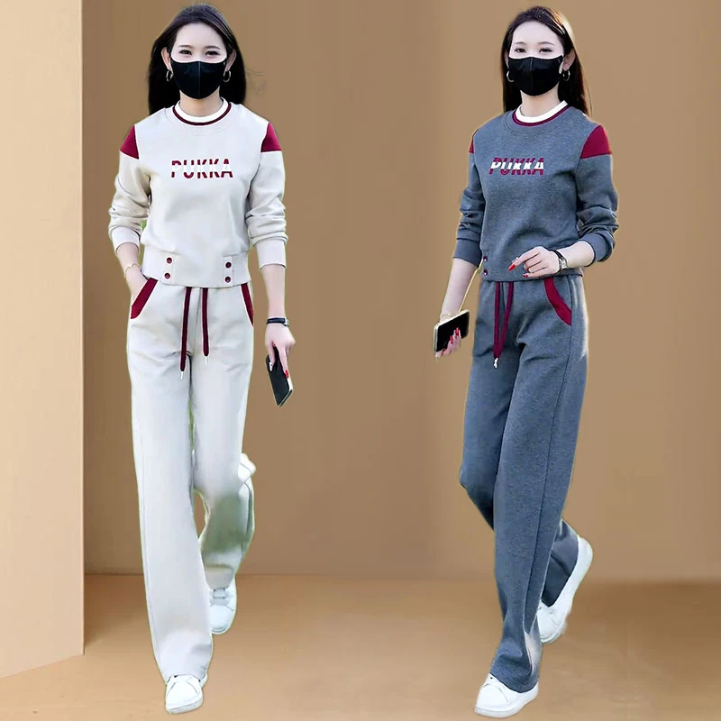 高含棉2026年春秋新款休闲套装女士显瘦减龄拼色卫衣阔腿裤两件套