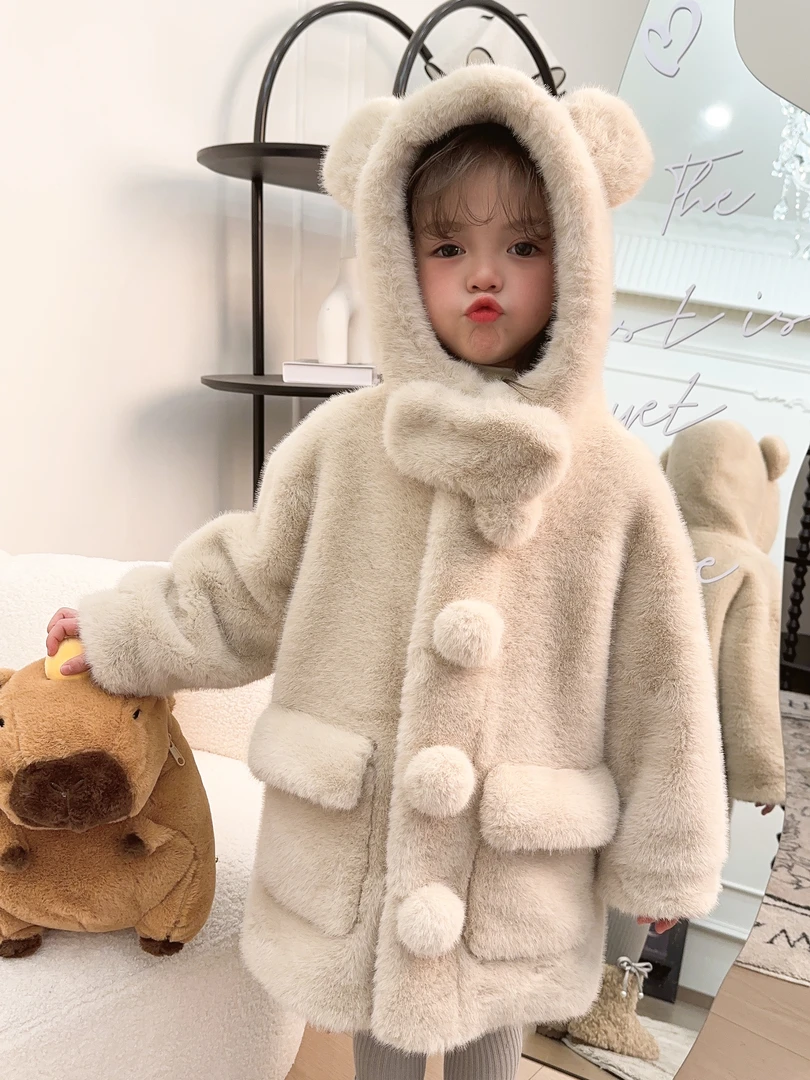 【Mt studio】【现货】毛绒毛球外套大衣冬季女童加厚精致百搭中长款