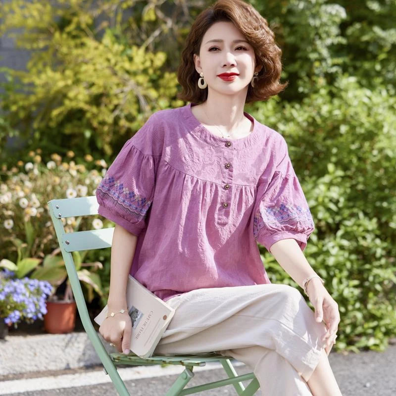 恒源祥彩羊妈妈夏装短袖T恤2025新款中老年女装夏季宽松大码半袖