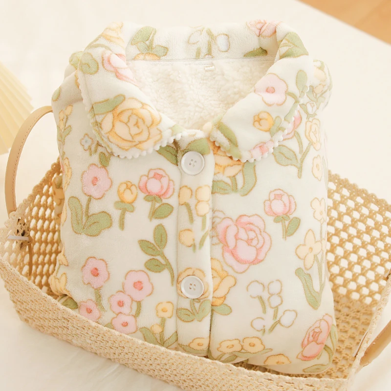 冬季加绒加厚睡衣女保暖羊羔绒甜美珊瑚绒家居服大码