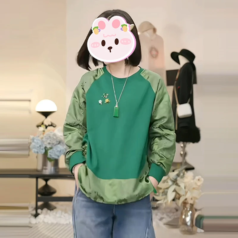 新中式圆领卫衣女2025冬季新款拼接盘扣宽松显瘦设计撞色休闲上衣