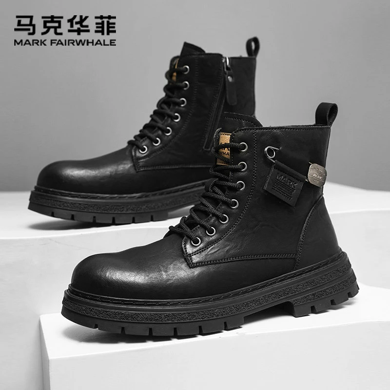 马克华菲马丁靴男2025新款冬季男鞋黑色工装皮靴男士高帮靴子男靴