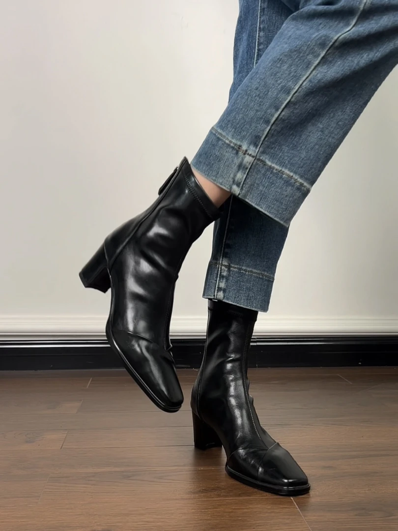 Dannyfrey弹力法式复古风方头百搭高跟英伦风瘦瘦靴女粗跟短靴6CM