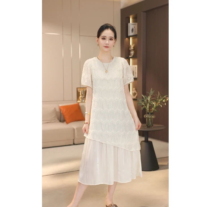 【LINXUAN】新款法式夏季提花复古时尚拼接假两件连衣裙优雅显气质