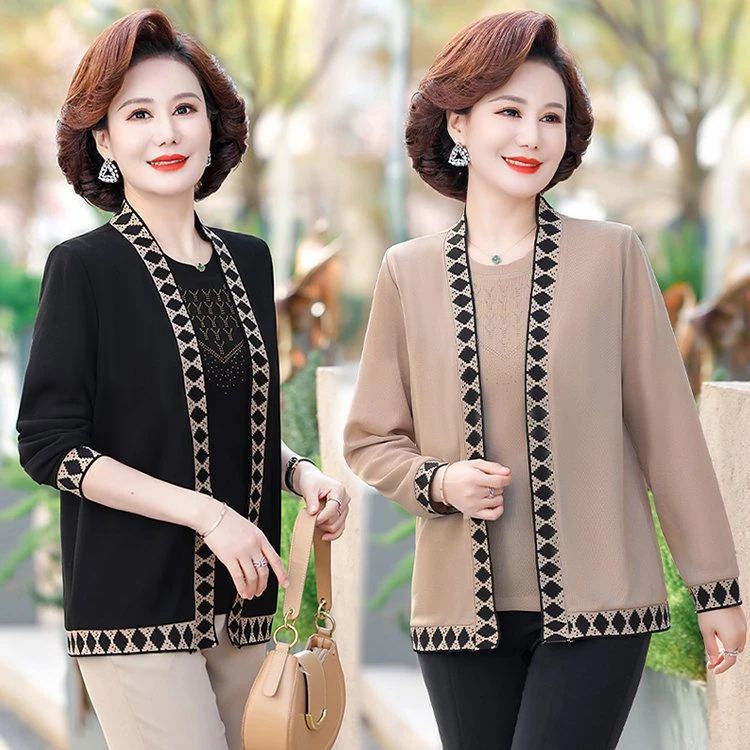 妈妈春装套装洋气长袖开衫外套薄款中老年女春夏短袖针织衫两件套