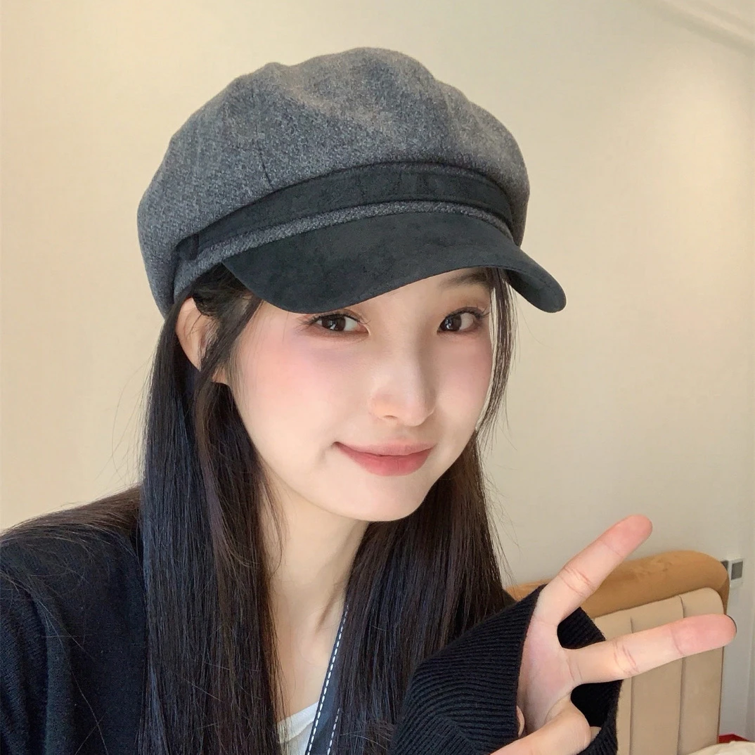 2025新款秋冬毛呢pu皮拼接贝雷帽女气质复古时尚八角帽