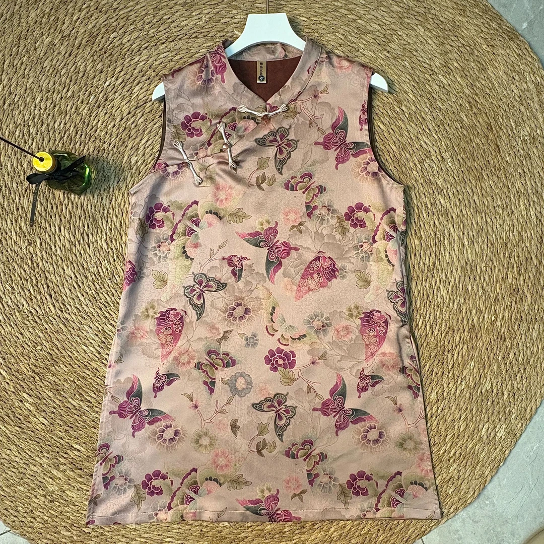 【粉蝴蝶】染色新中式薄款双层外衣汉服无袖立领夏季中国风提花