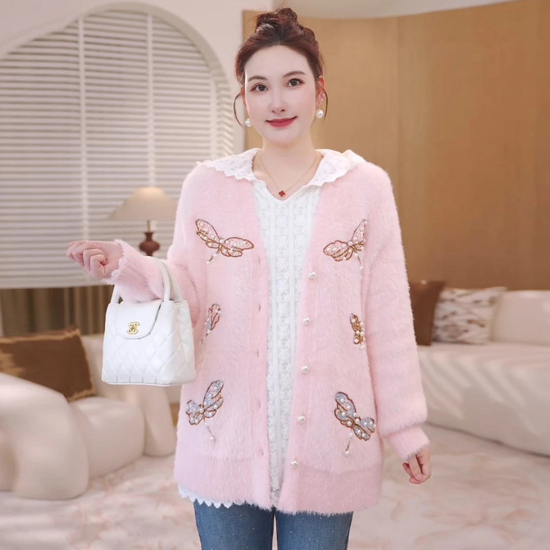 【温柔仿貂毛毛衣开衫】MsShe大码女装2025新冬钉珠外套S~E2509011