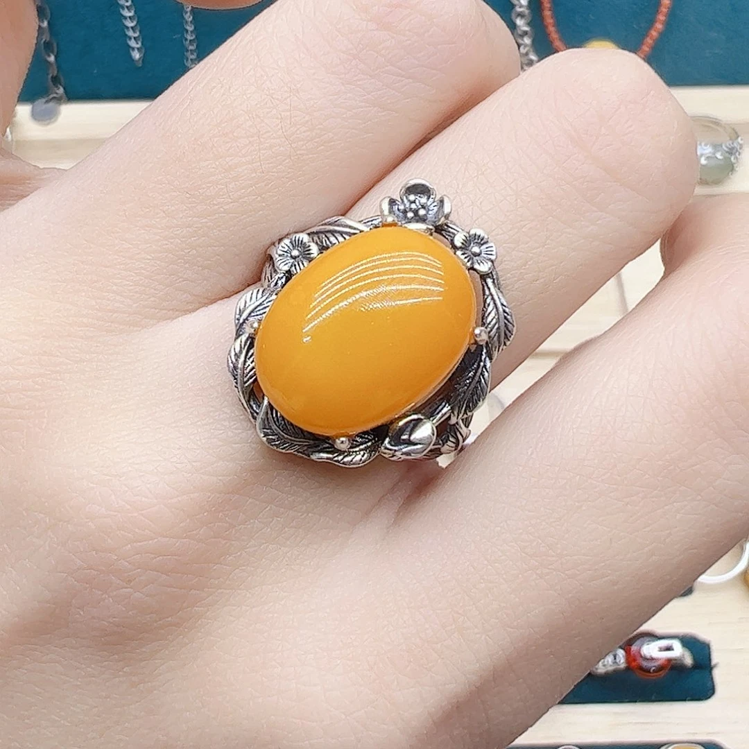 蜜蜡戒指银S925镶嵌天然