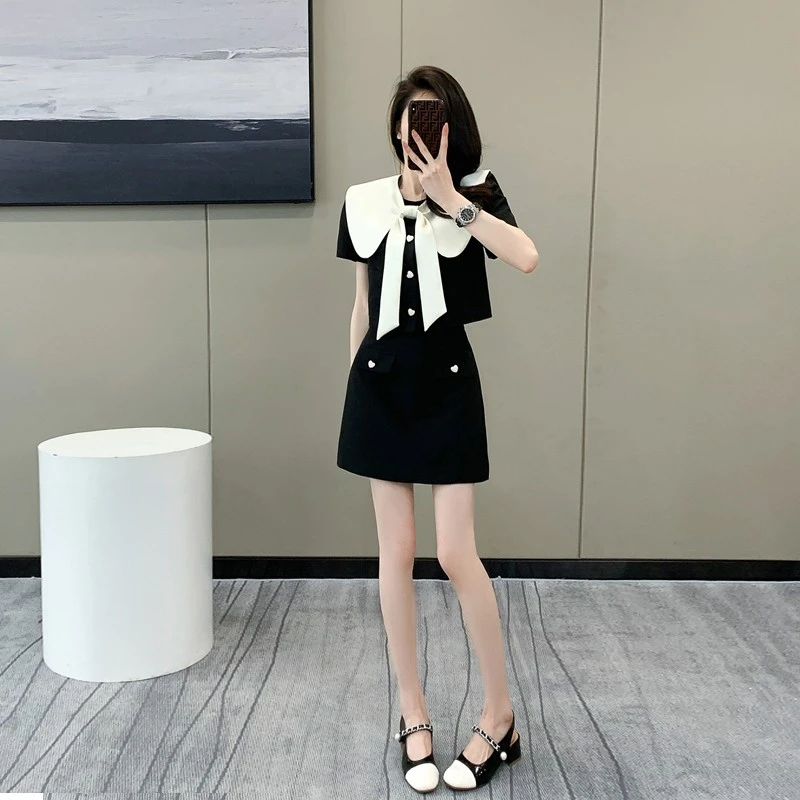 法式初恋减龄套装女夏季学院风娃娃领上衣短裙气质小香风两件套女