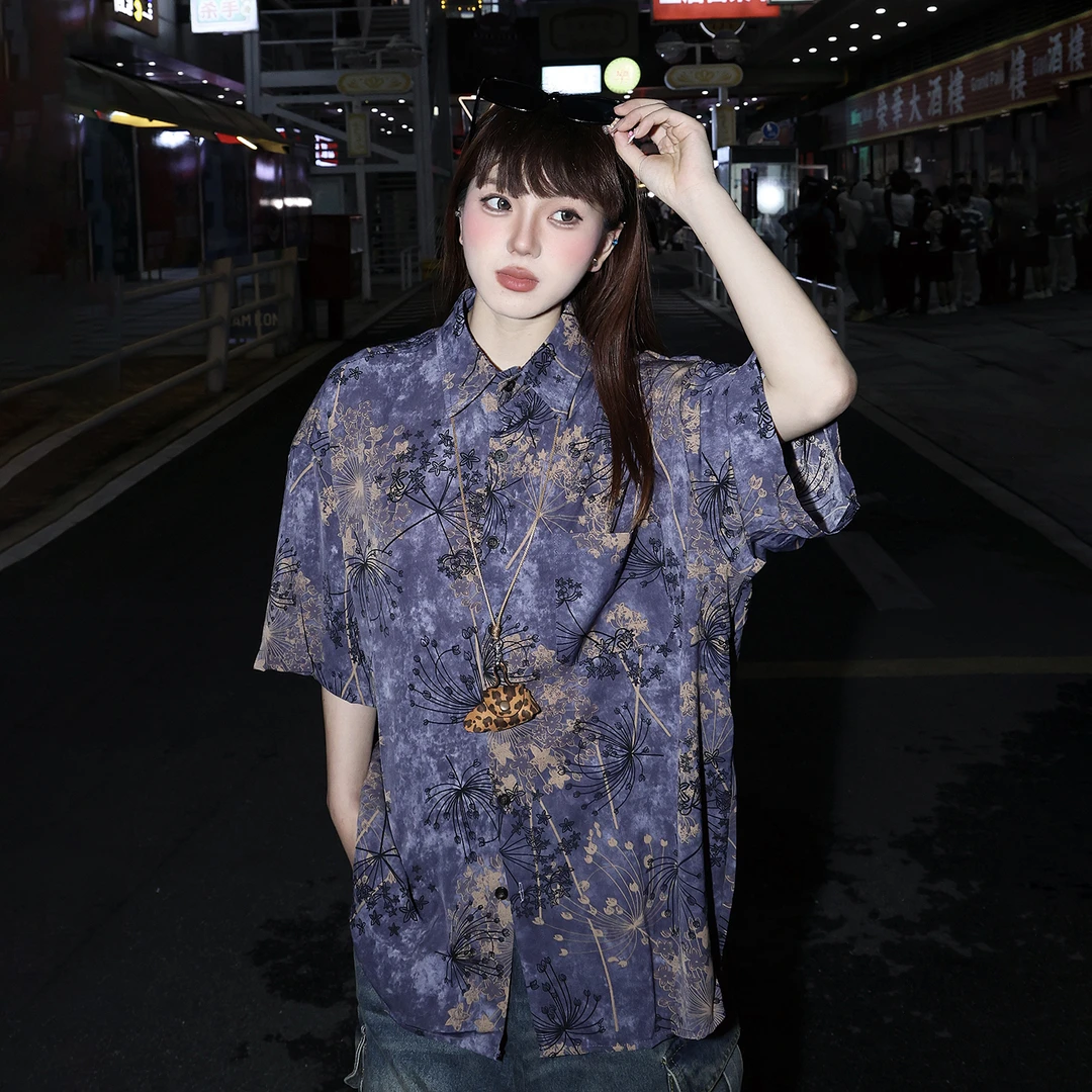 法式高级感痞帅新款花卉短袖衬衫男女情侣装夏威夷度假风宽松衬衣