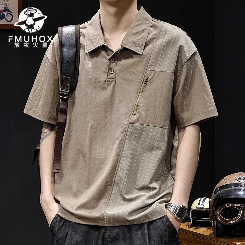 @放牧火星 美式复古Polo衫男士短袖t恤潮牌夏季新款高端拼接撞色