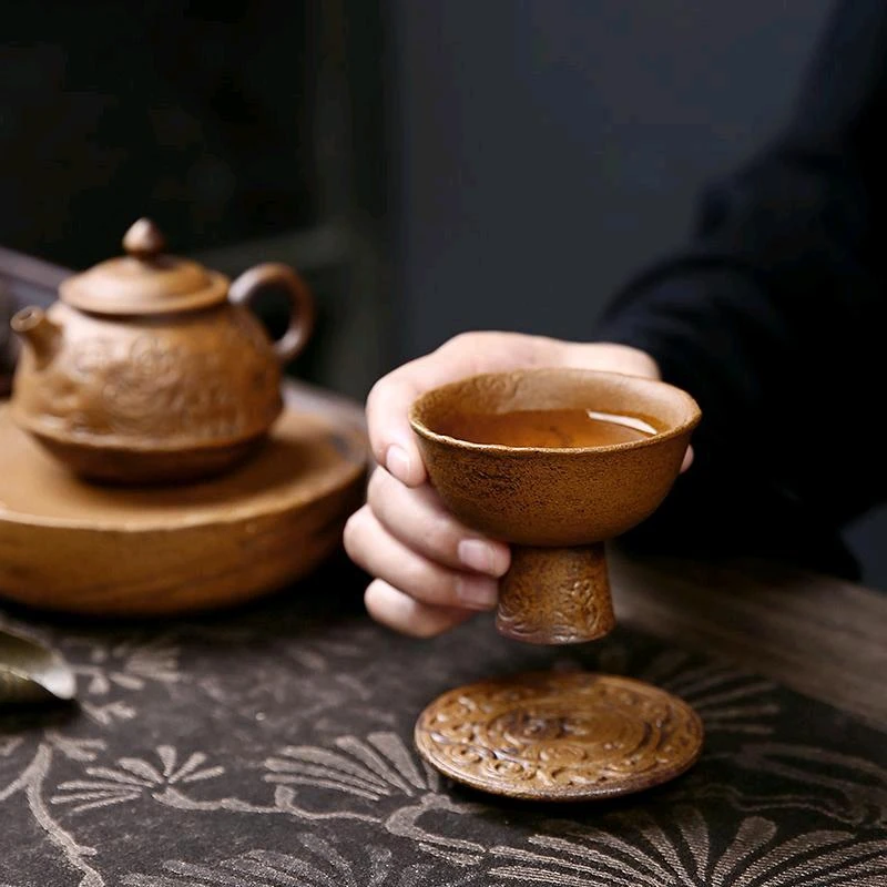 【有福器-酱釉主人杯】老岩泥茶器复古粗陶创意茶杯