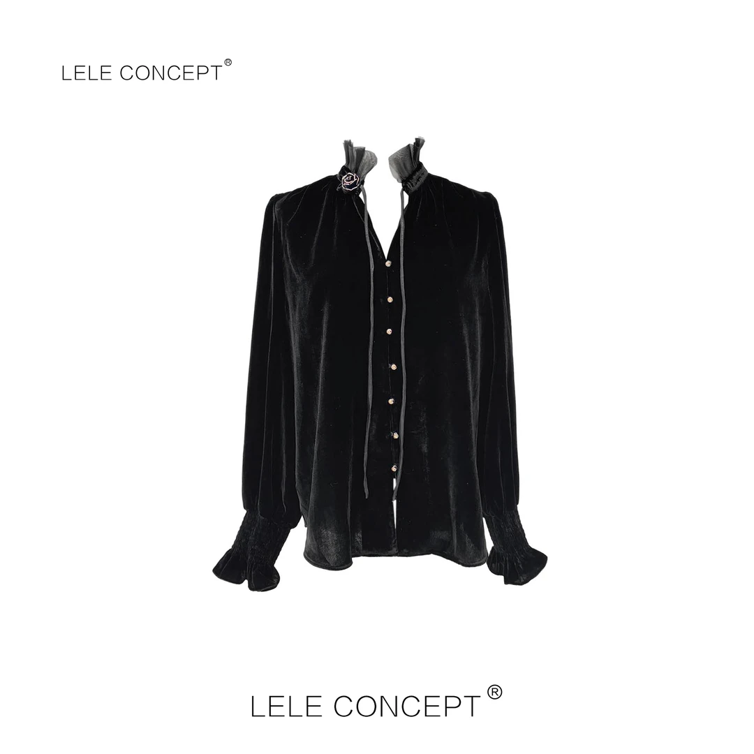LELE CONCEPT丨「夭夭」法式轻奢花朵菲领丝绒上衣S0626