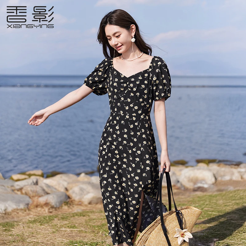 【直播专享】L85S239连衣裙 香影泡泡袖碎花连衣裙女夏装新款高腰