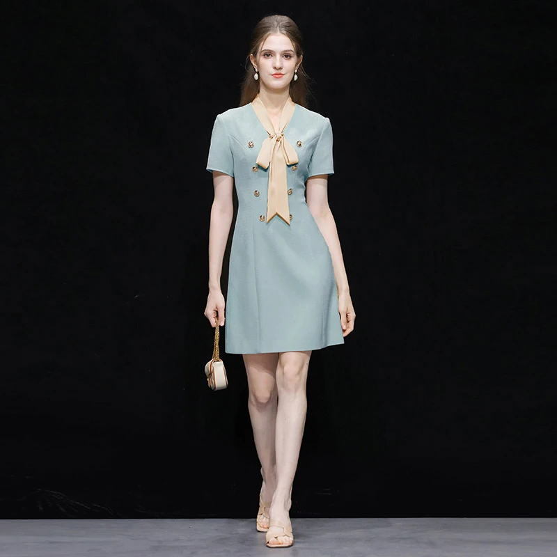 DF-夏季新款时尚气质小香风系带设计短袖收腰短款连衣裙GC35701Z