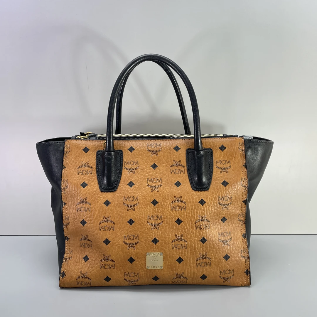 90新 MCM 媚姐/mcm干邑色大号手提包（少肩带）31*25*19cmG091302