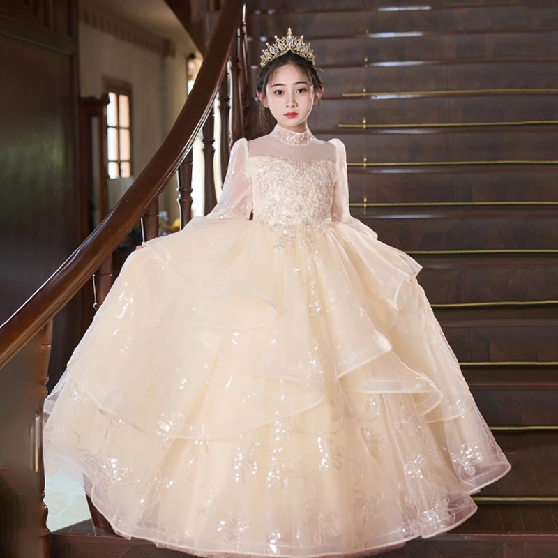 绝美儿童礼服长袖2025新款秋花童女孩生日公主裙主持小提琴演出服