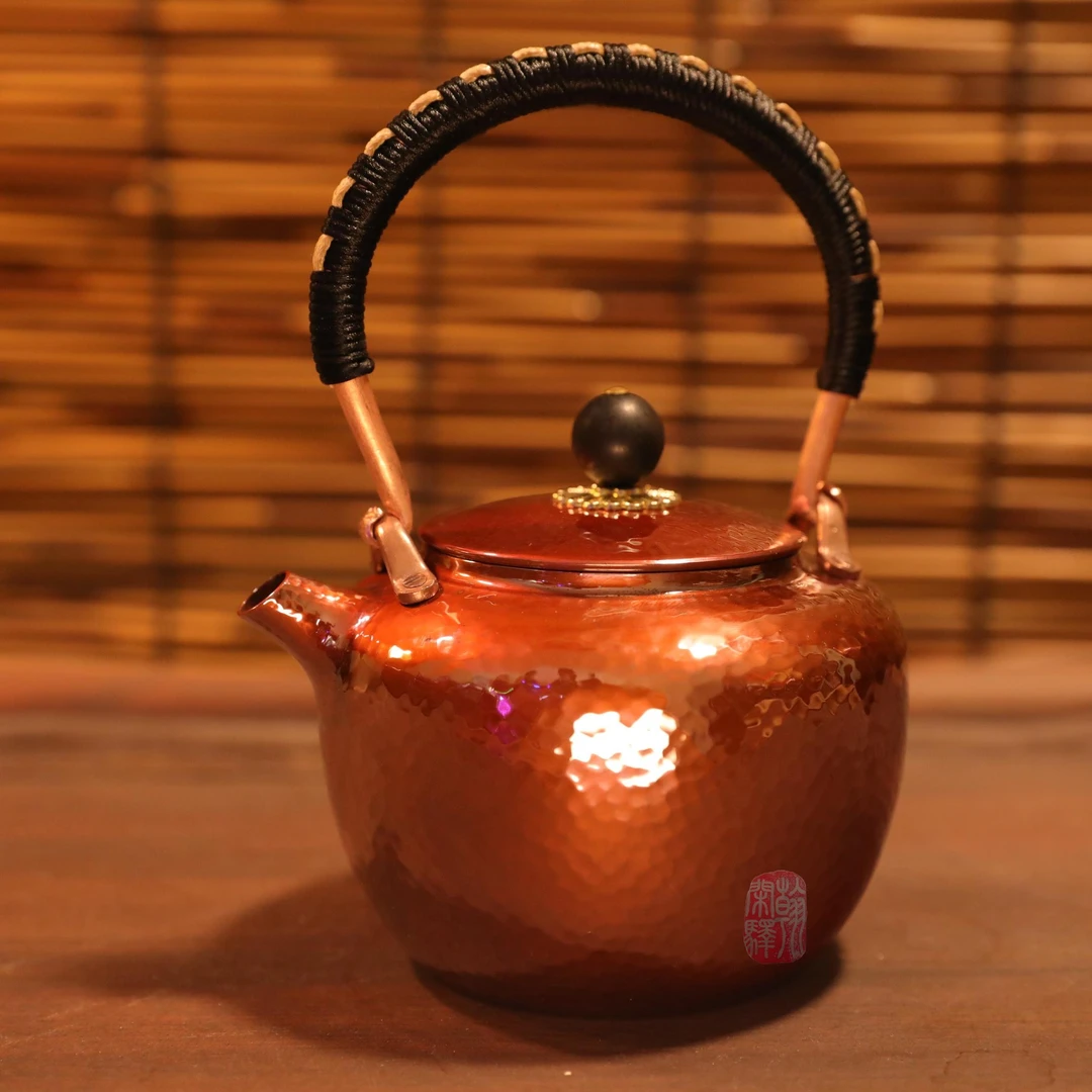【翰闲阁】450ml 烤色一张手工锤纹提梁黑檀钮紫铜烧水壶 茶器茶道