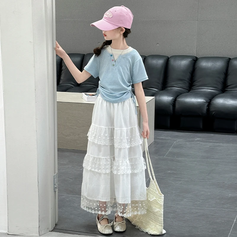 女童洋气套装夏季短袖长裙两件套2025新潮款中大童6-12岁15岁外穿