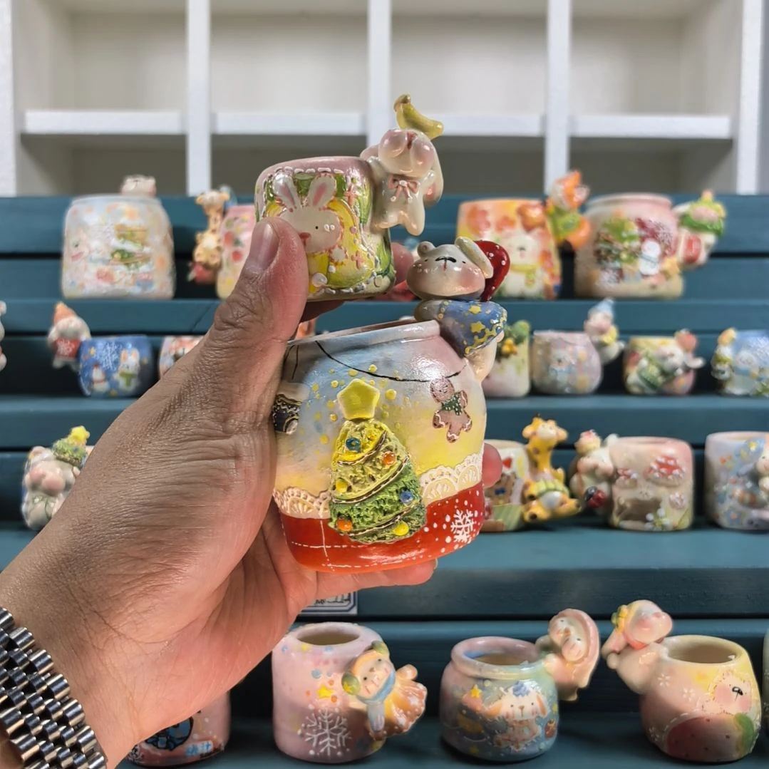 紫***开小熊 雪人和香蕉兔 手绘多肉花盆