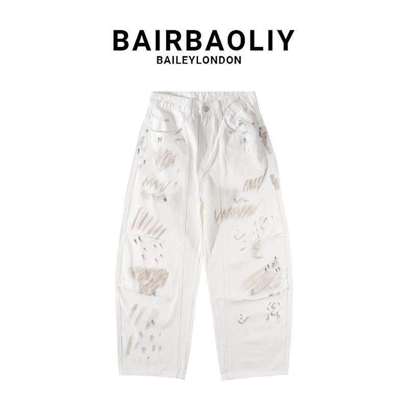 BAIRBAOLIY美式潮牌手绘白牛仔裤男女直筒春夏时尚复古宽松弯刀裤