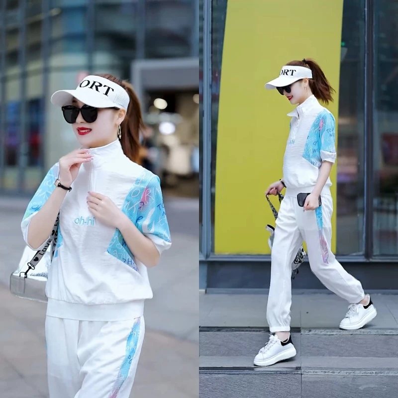 休闲运动套装女2025夏季新款时尚中袖欧货冰丝减龄薄款衣服两件套