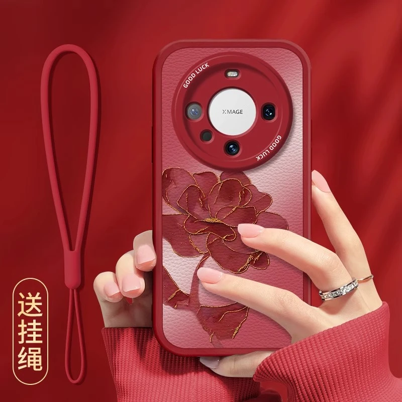 铂金红花适用华为mate70手机壳红色春节新年网红女款硅胶防摔高档