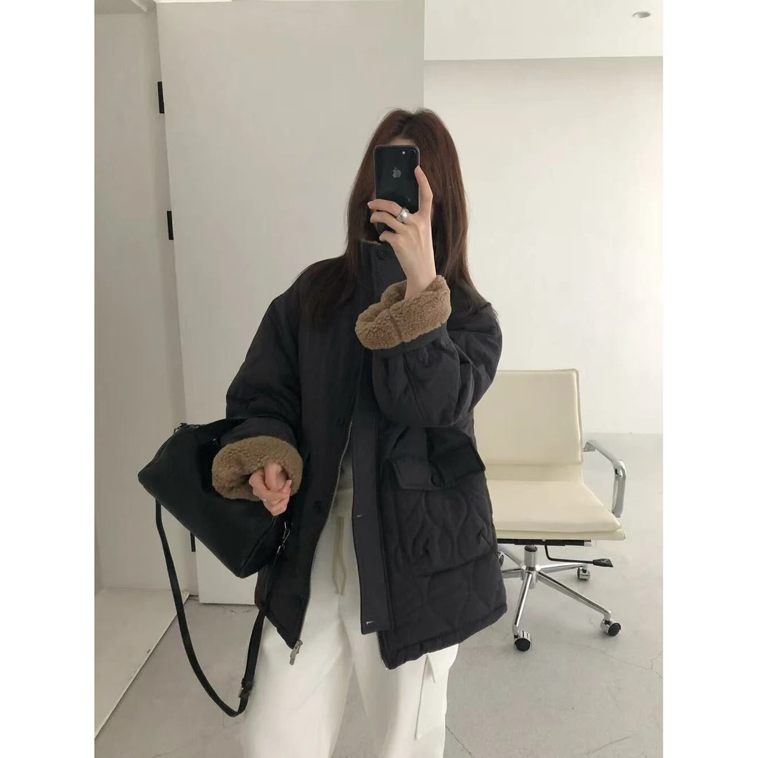 J-8955#【版型绝了】韩系立领菱格加厚加绒保暖棉服外套（福利）