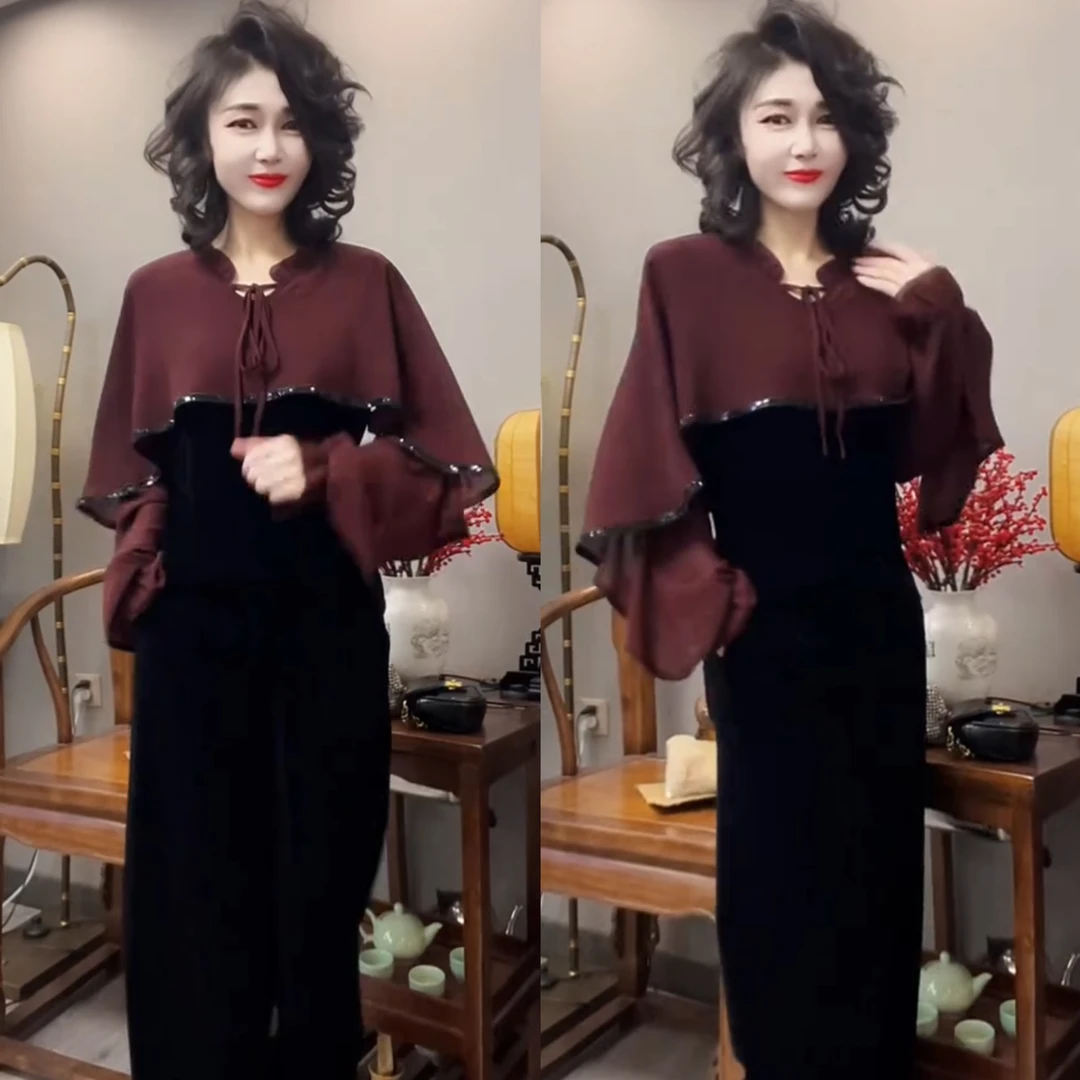 雪纺飞边领拼接丝绒小衫