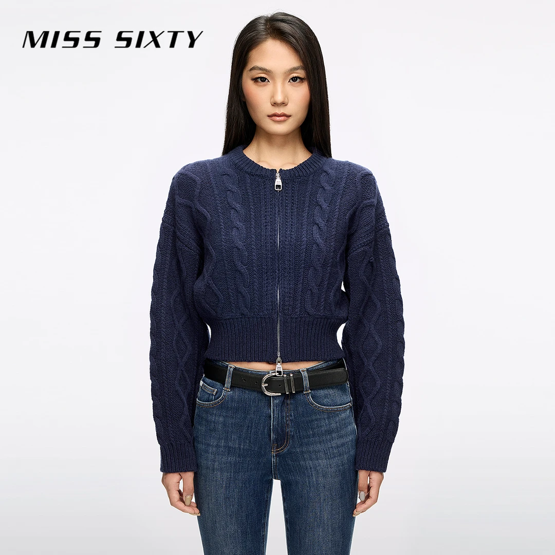 Miss Sixty2025冬季新款针织外套女羊毛短款复古麻花拉链慵懒毛衣