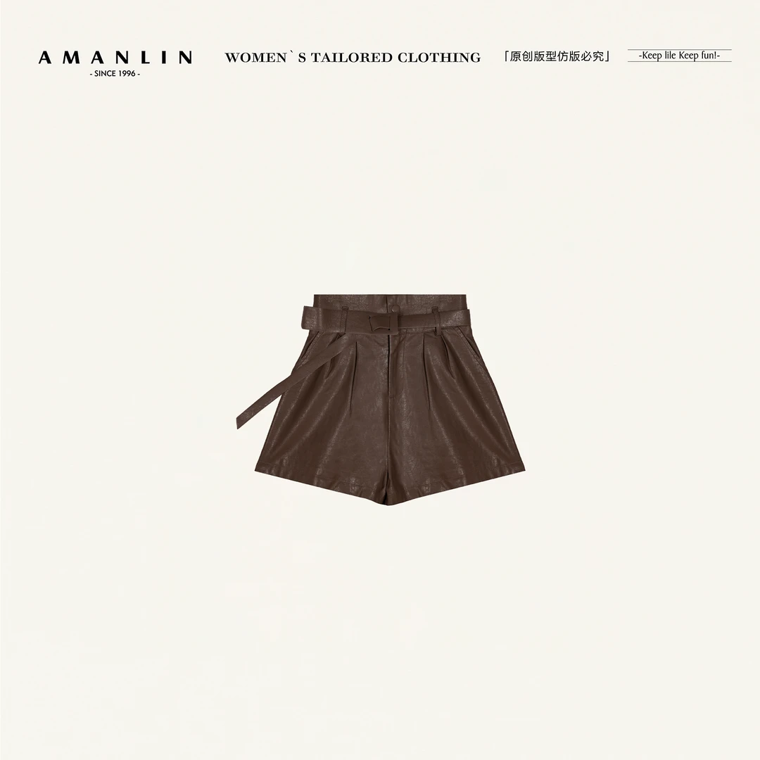 AMANLIN/阿谩琳琥珀流光洗水PU高腰时尚显瘦a字修身皮短裤Y601272