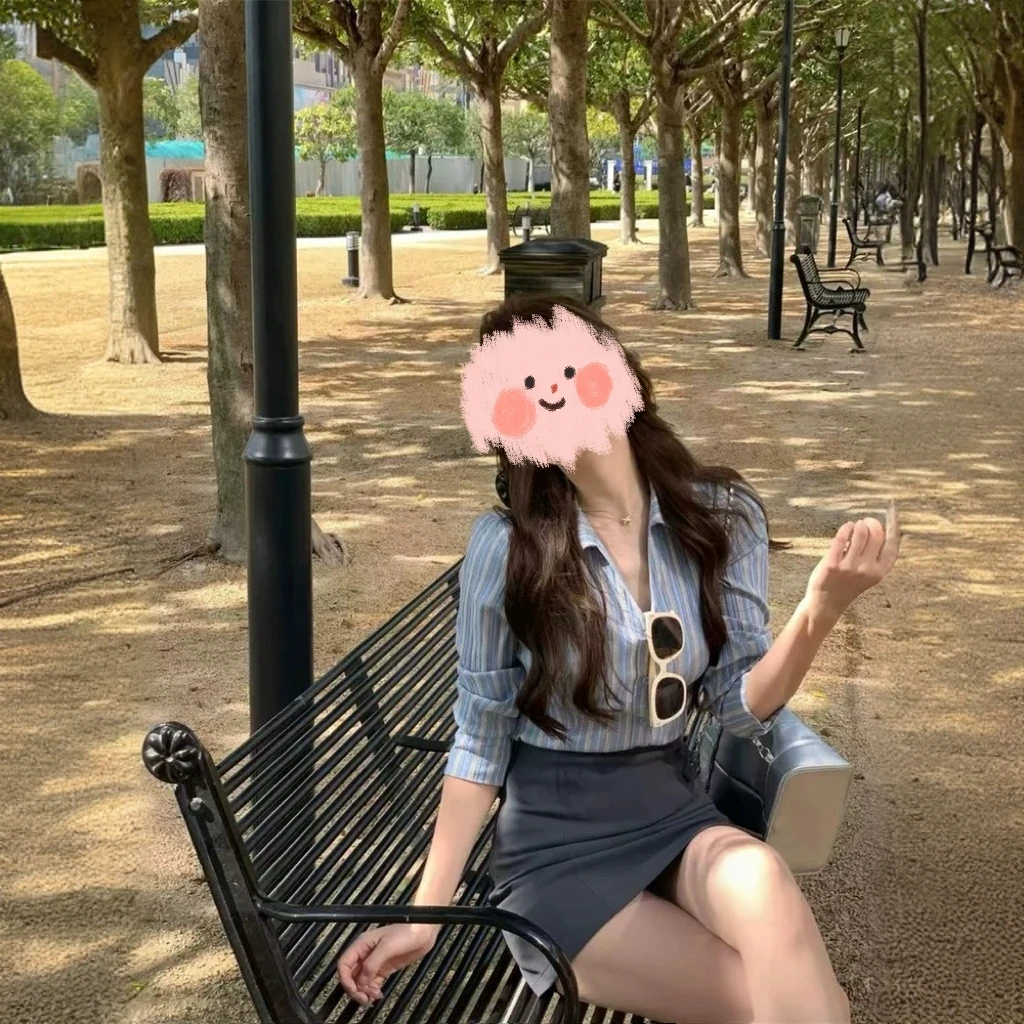 【蓝心清语】韩版纯欲风通勤套装女条纹撞色衬衫高腰显瘦西装半身裙