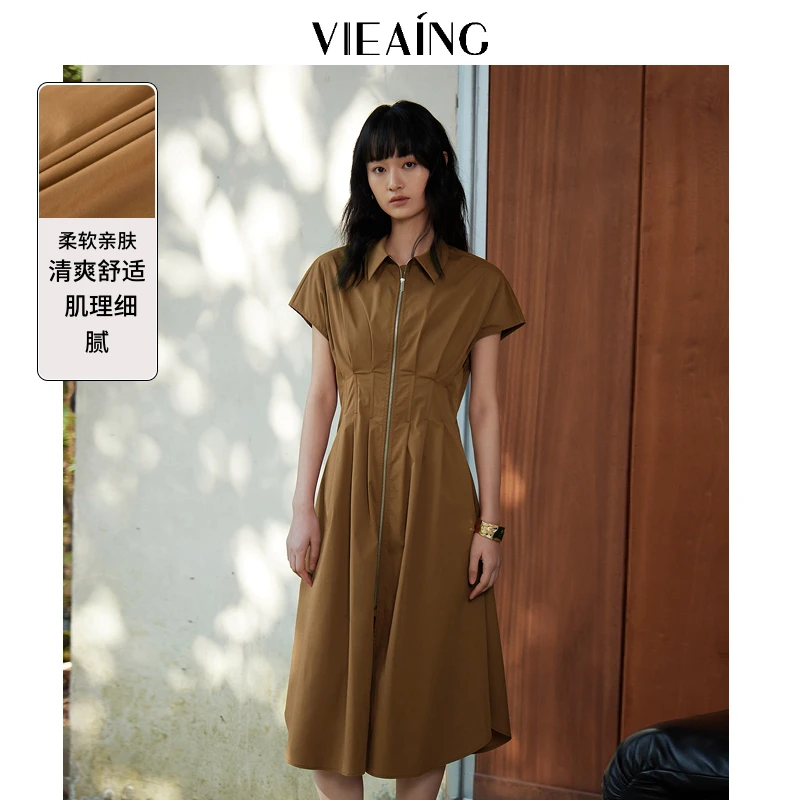 VIEA.ING薇迎夏季新款通勤优雅小翻领收腰短袖连衣裙103162022001
