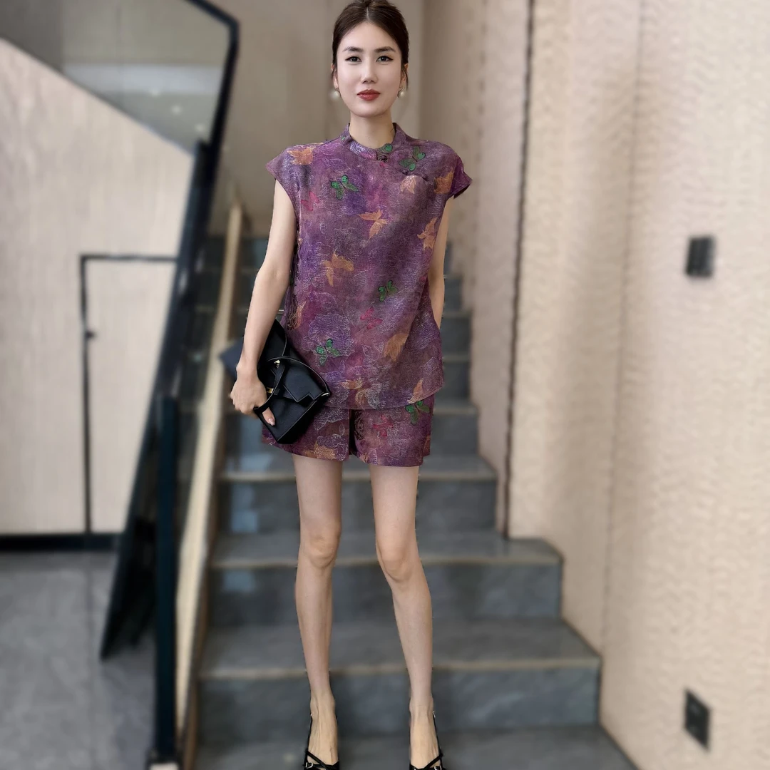 【俊英】新中式国风套装女立领盘扣印花旗袍无袖上衣阔腿短裤两件套