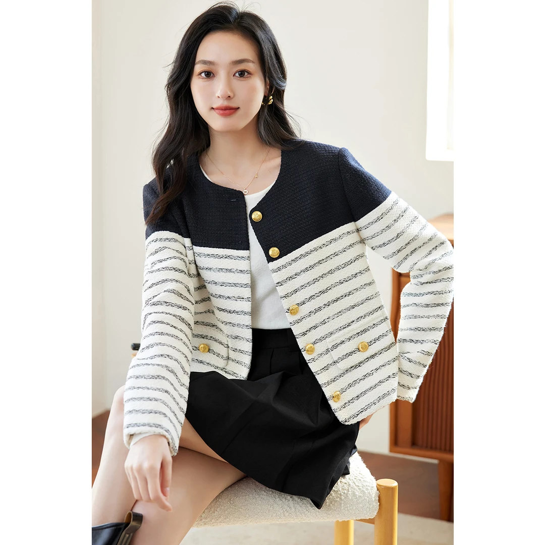 【备用链接】朗文斯汀条纹拼色休闲修身女式外套LDMW33012245