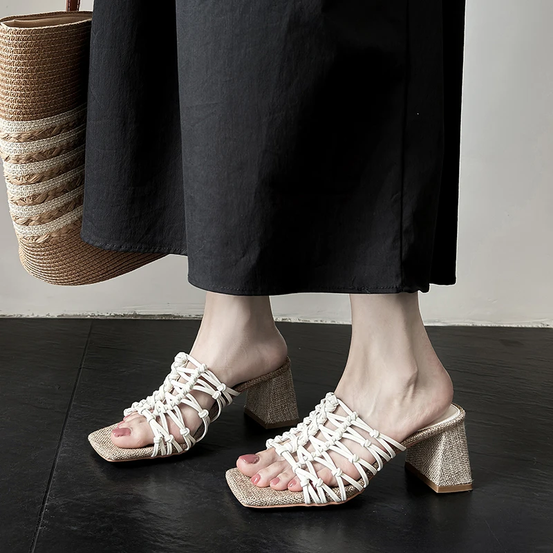 小个子增高6.5cm~法式度假风编织镂空一字拖女夏外穿气质高跟凉拖