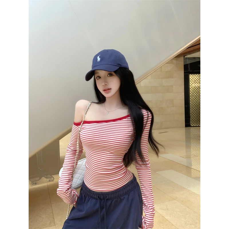 2025新款美式辣妹条纹斜肩长袖T恤女夏季修身显瘦清凉透气斜肩T恤