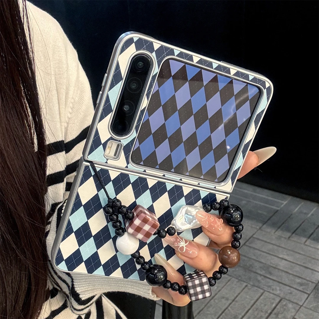 适用华为purax典藏版折叠屏手机壳pocket2蓝白粉棕皮质菱格链条女