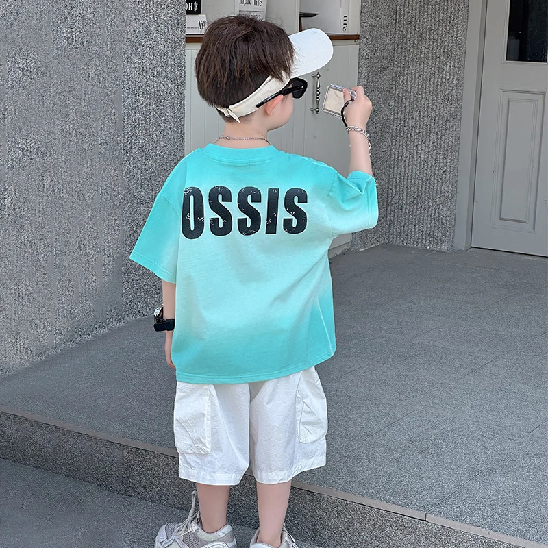 男童夏季套装新款儿童韩版洋气渐变短袖帅气中小童夏装时髦两件套