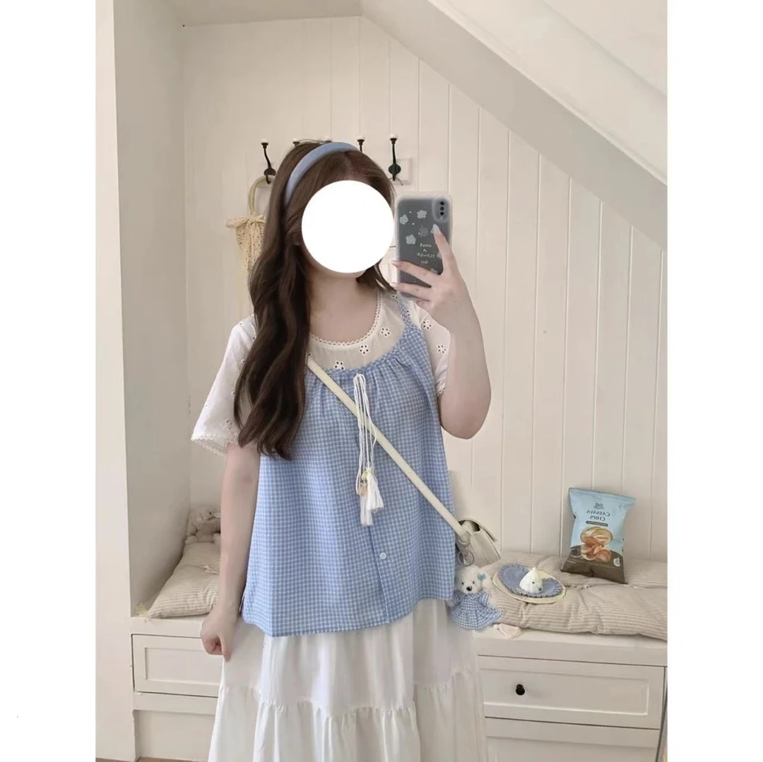 微胖大码韩系少女感假两件上衣女2025夏季新款设计感小衫娃娃衫