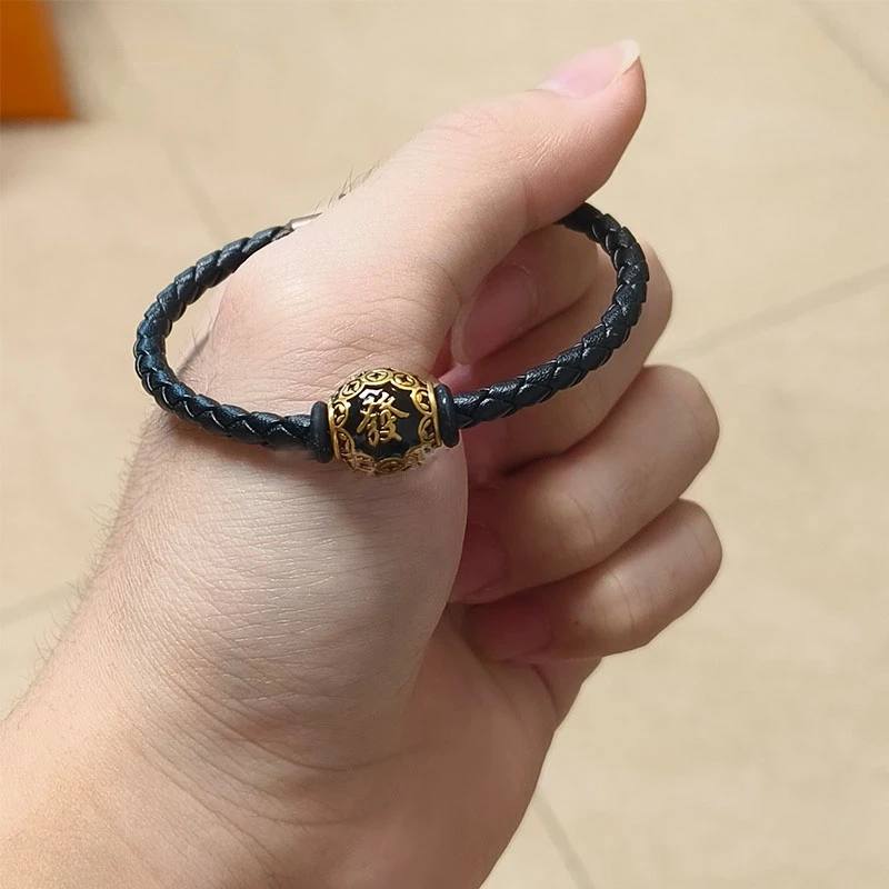 足金999刺青铜钱發转运珠手串3D硬金酷黑發手绳黄金路路通铜钱發