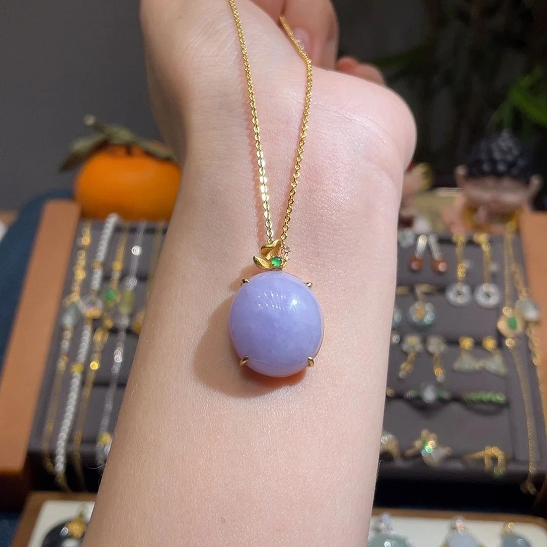 翡翠吊坠(不含链)18K金镶嵌紫蛋面