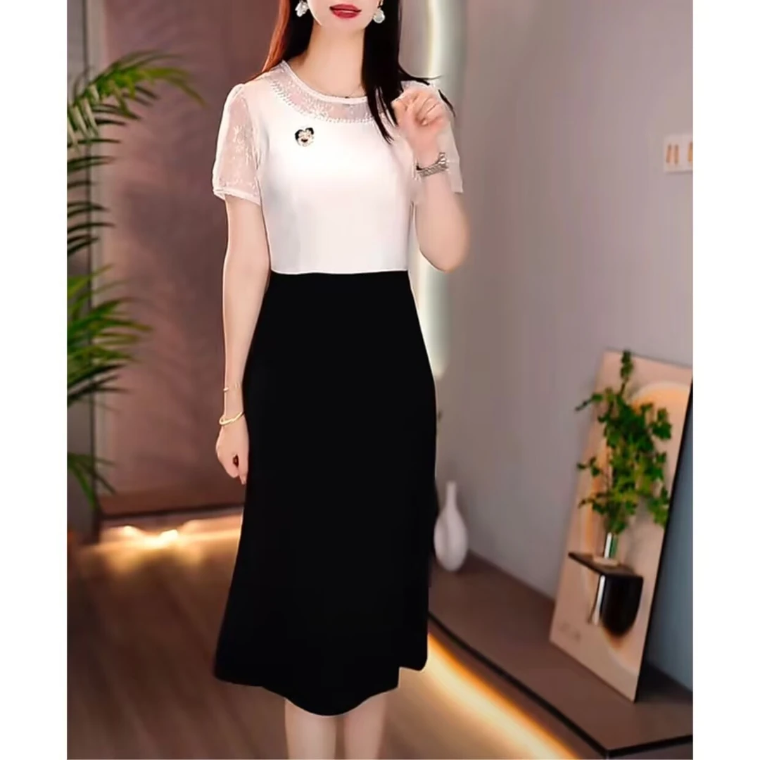 纯白洋气连衣裙拼接假两件胸针A字裙名媛短袖女神显瘦气质高夏季