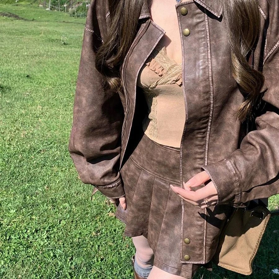 美拉德穿搭棕色皮衣外套女秋季2025新款美式复古短款机车夹克上衣